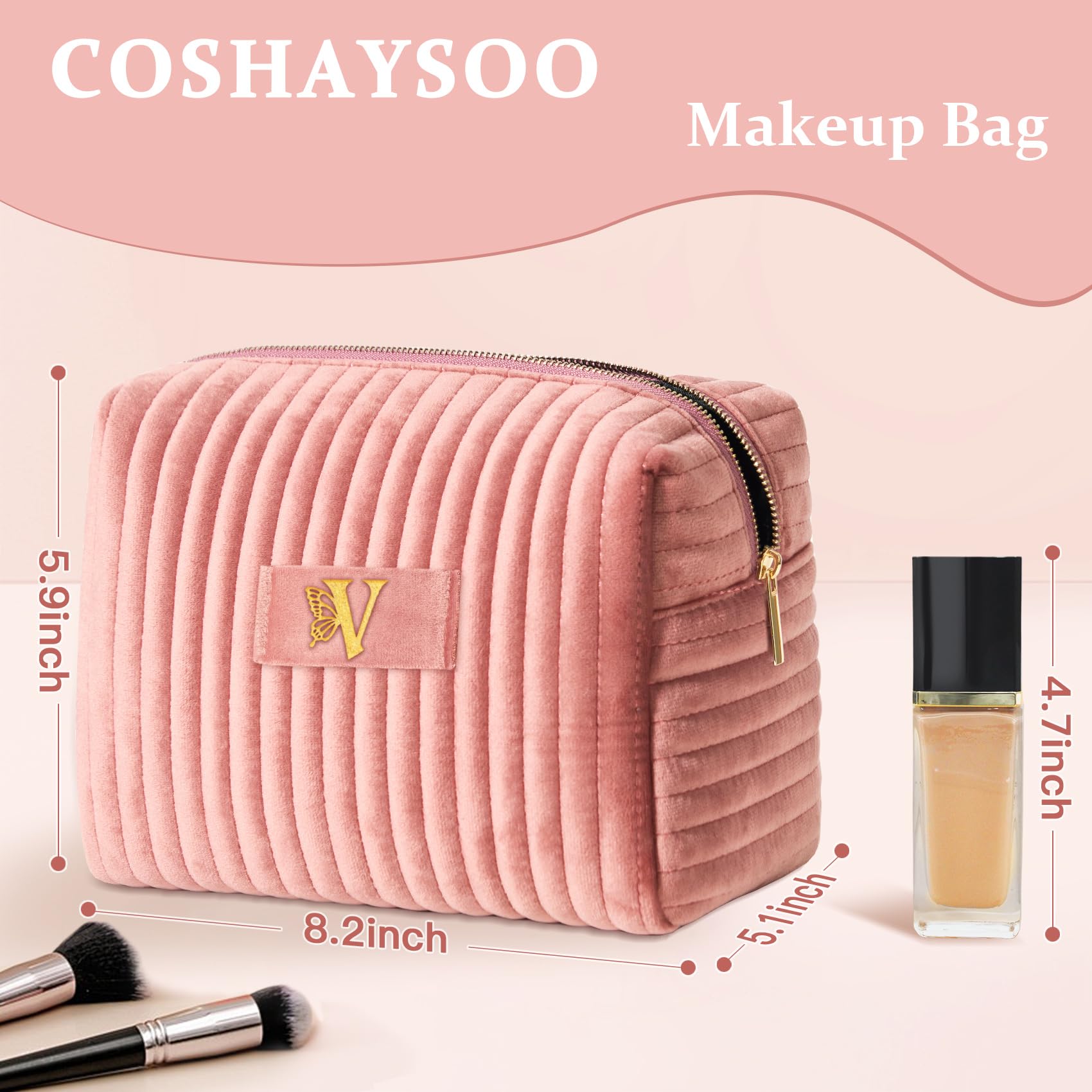 COSHAYSOO Birthday Gifts for Teens College Big Sister Girls Trip Gifts Favors Travel Makeup Bag Quilted Make Up Pouch Initial Velvet Cosmetic Case with Butterfly Decorations for Women Pink Letter V