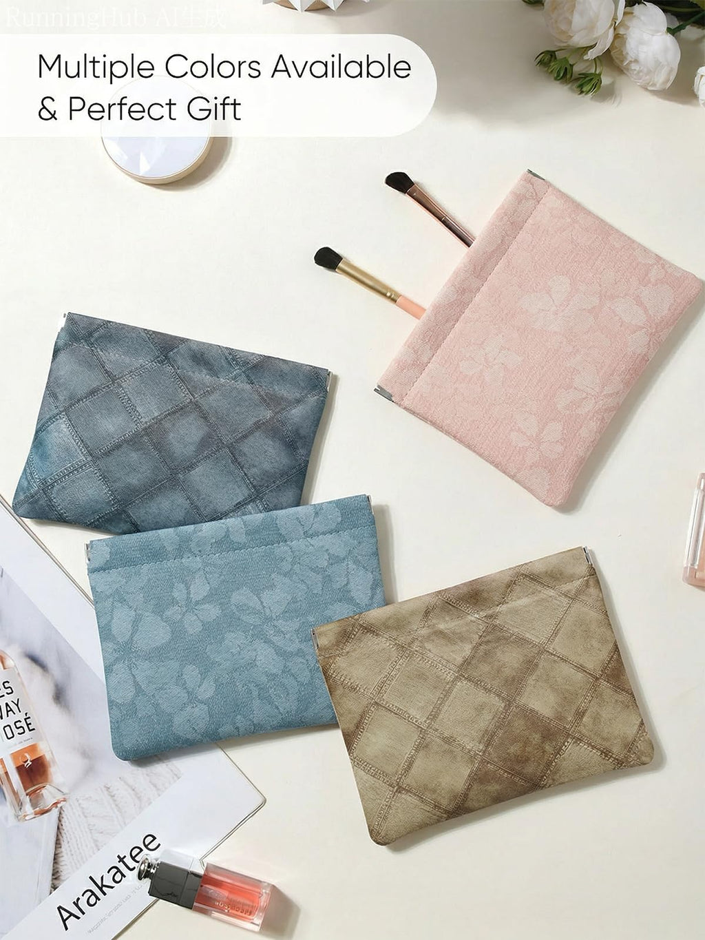Ksriylm Denim Brown PU Leather Makeup Pouch Set for Women Small Checkered Make Up Bag for Purse Waterproof Initial Makeup Cosmetic Bags Pouches for Purse Aesthetic Travel Toiletry Bag,