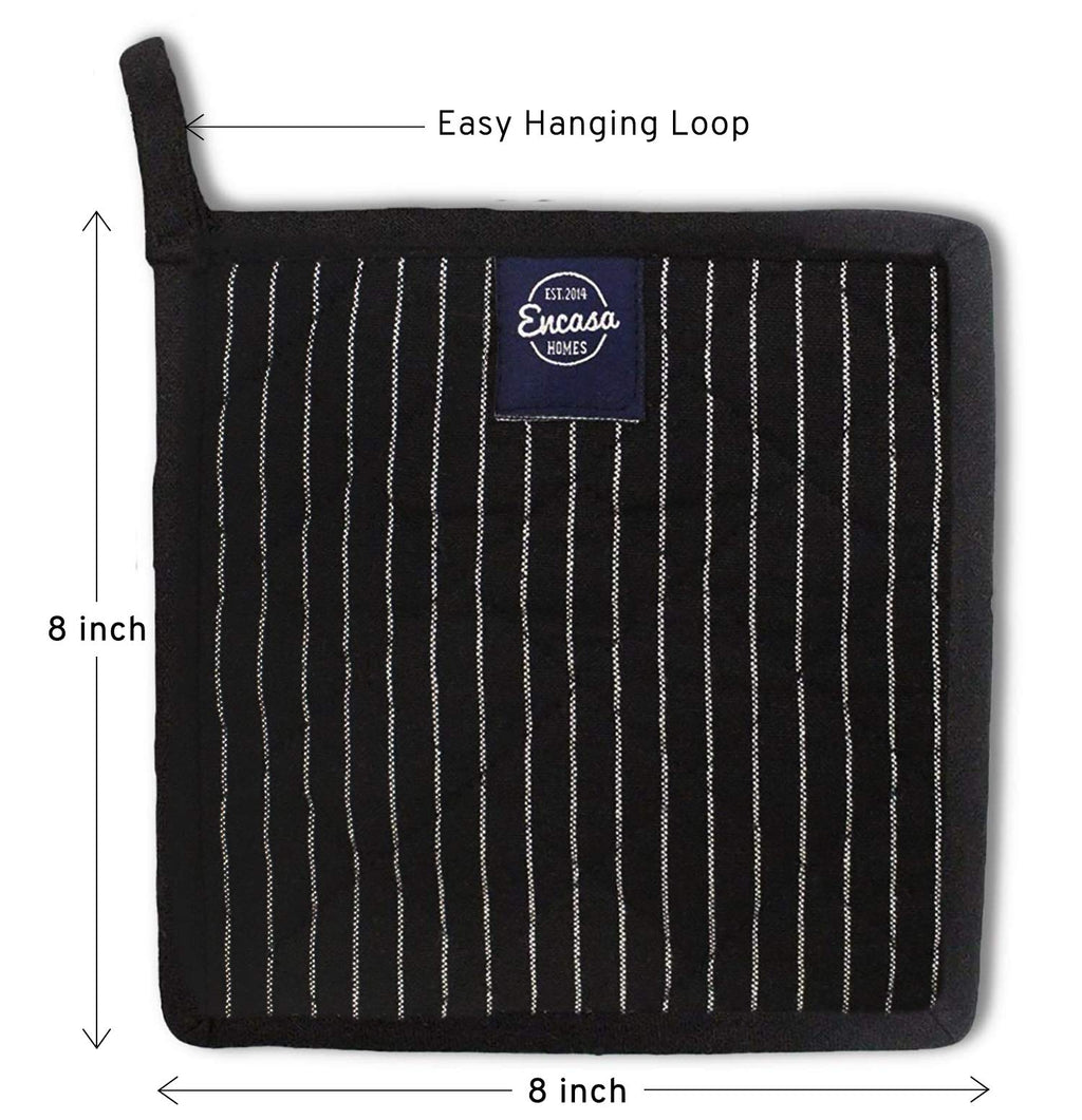 Encasa XO 8 inches Oven Microwave Potholders (2 pc Set) for Kitchen Cooking & Baking - Heat Resistant, Thick & Safe, Protection of Hands from Hot Utensils - Butcher Stripes Black