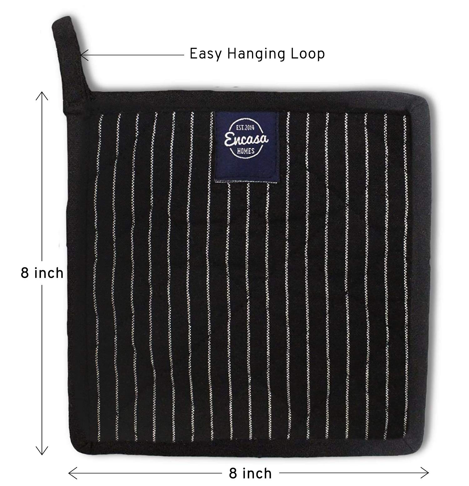 Encasa XO 8 inches Oven Microwave Potholders (2 pc Set) for Kitchen Cooking & Baking - Heat Resistant, Thick & Safe, Protection of Hands from Hot Utensils - Butcher Stripes Black