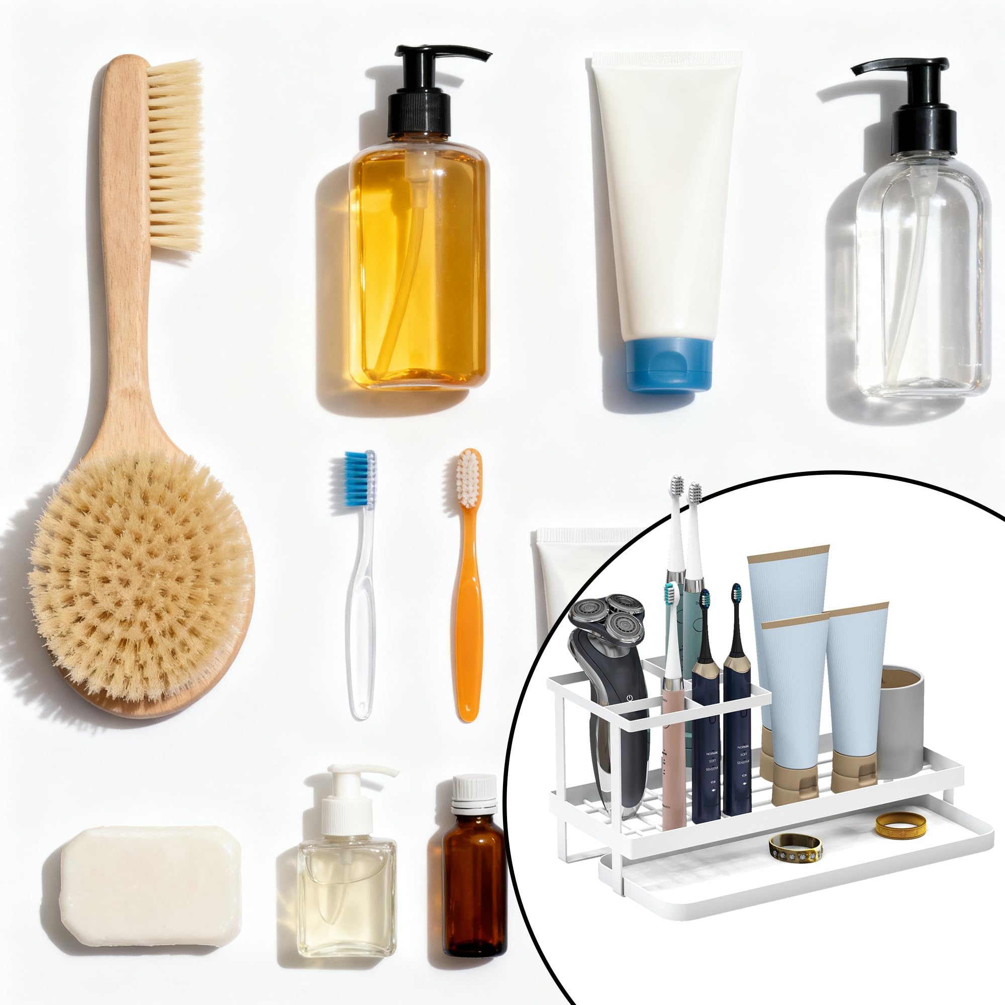 Toothbrush Holders for Bathroom,Carbon Steel Bathroom Organizer Countertopr for Electric Toothbrush,Toothpaste and Razors-Which is Perfect for Countertop Storage,Shower,Sink (White)