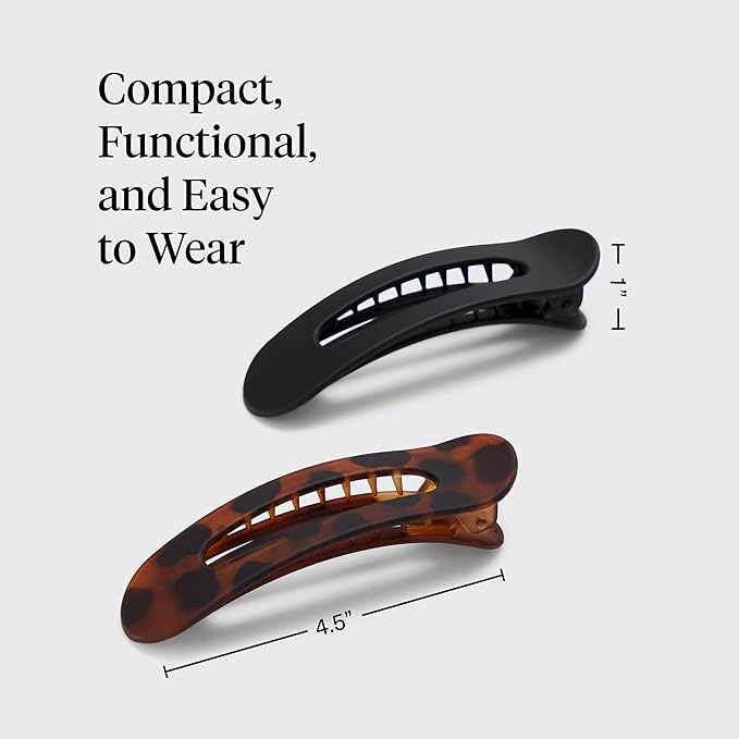 Kitsch Flat Hair Clips for Women - Strong Hold, No Slip Grip Flat Claw Clips For Secure and Comfortable Look | Durable Recycled Plastic Hair Accessories - Black & Tortoise, 2pc