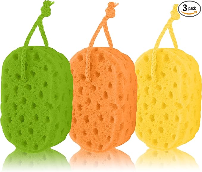 3-piece Set of Colored Honeycomb Bath sponges (Yellow, Orange, Green)