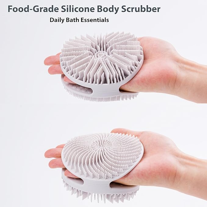 MtBoi 2 Pack Silicone Exfoliating Body Scrubber, Silicone Body Brush, Soft Silicone Loofah for Sensitive Skin, Shower Head Massager, Easy to Clean, Lathers Well(Gray&Green)