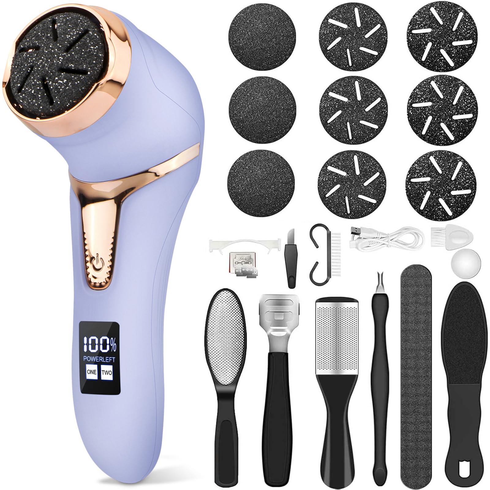 Electric Callus Remover for Feet, Portable Pedicure Kit Foot File Callus Remover, Rechargeable Waterproof Foot File for Foot Care Deadskin Remover with 9Head&LCD Display, Purple