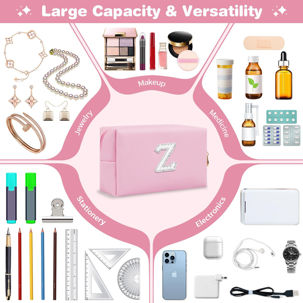 ChaoGreat Bride Gifts – Personalized Initial Makeup Bag with Pearl Rhinestone Patch, Preppy Pink Monogram Cosmetic/Toiletry Pouch, bridesmaid Gifts, Bridal Shower Gifts, Wedding Gifts, Bridal Gifts,Z