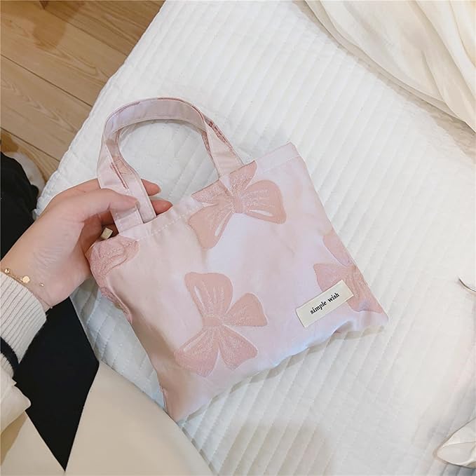 Wudygirl Makeup Bag Travel Cosmetic Bag for Women Small Makeup Pouch with Handle Zipper Cosmetic Pouch Handbag Aesthetic 8.3" x 6.7"(Pink Bow)