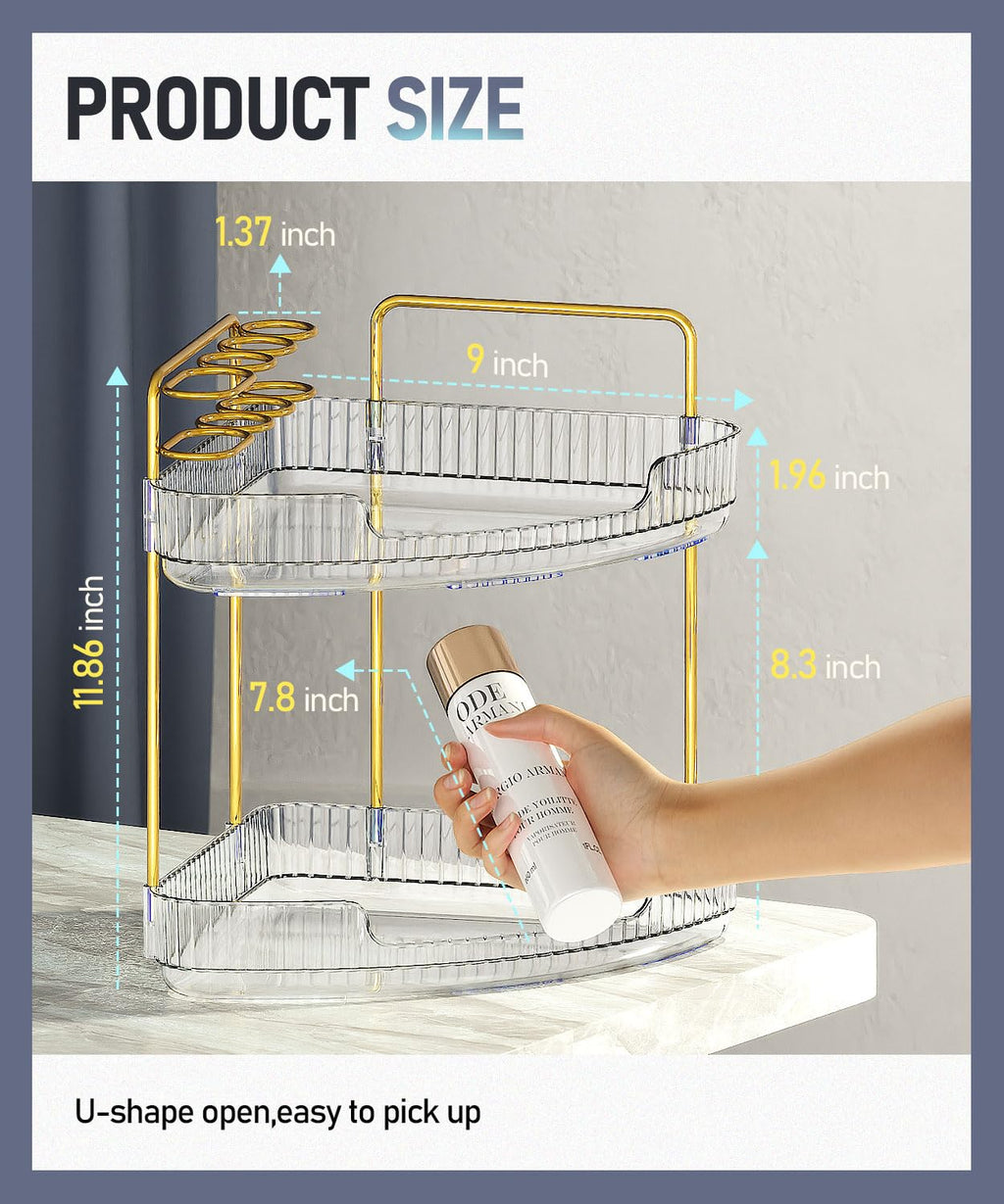 EUHOME 2-Tier Corner Bathroom Organizer Counter - Acrylic Makeup Skincare Organizer with Brush Holder, Perfume Tray for Countertop, Vanity, Dresser, Kitchen（Clear）