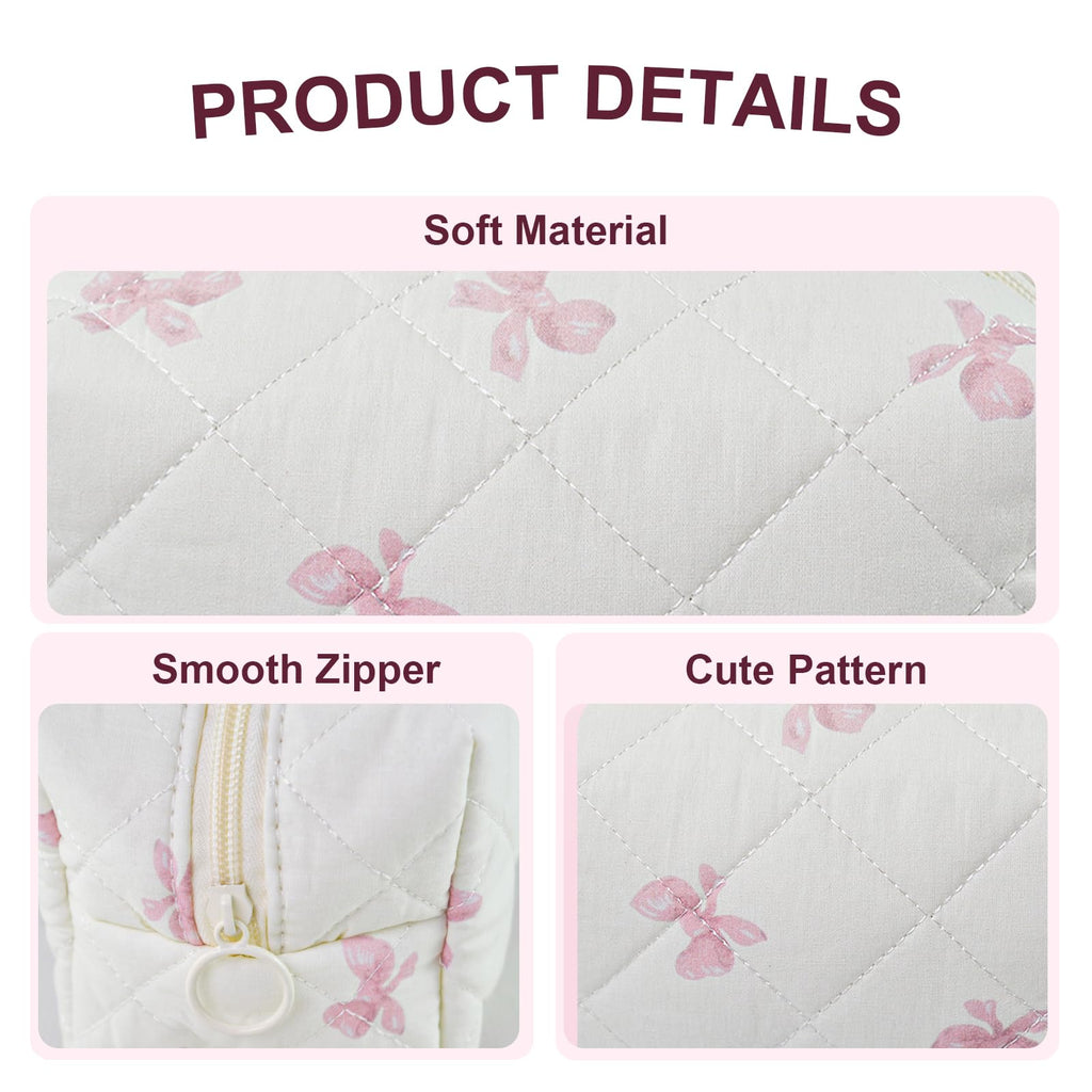 Quilted Makeup Bag Floral Cotton Make up Bag Puffy Coquette Makeup pouch Aesthetic Cute Travel Toiletry Bag for Women Girls