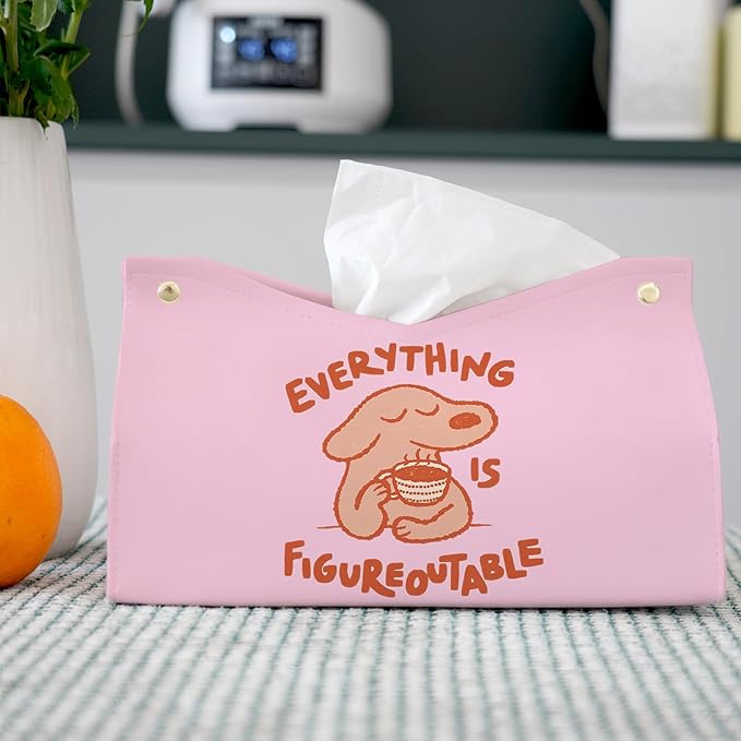 Pink Cute Dog Tissue Box Cover Rectangle,Motivational Toilet Paper Box,Leather Decorative Facial Paper Case for Living Room Bathroom Kitchen Office Desk,Everything is Figureoutable,9.8x5.9x5.9