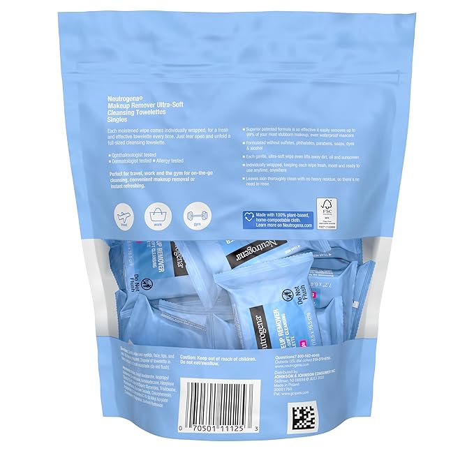 Neutrogena Makeup Remover Towelettes for Face with Micellar Water Daily Alcohol-Free Gently Removes Oil Dirt and Waterproof Makeup in a Simple Fully Plant-Based Cloth, 25 ct