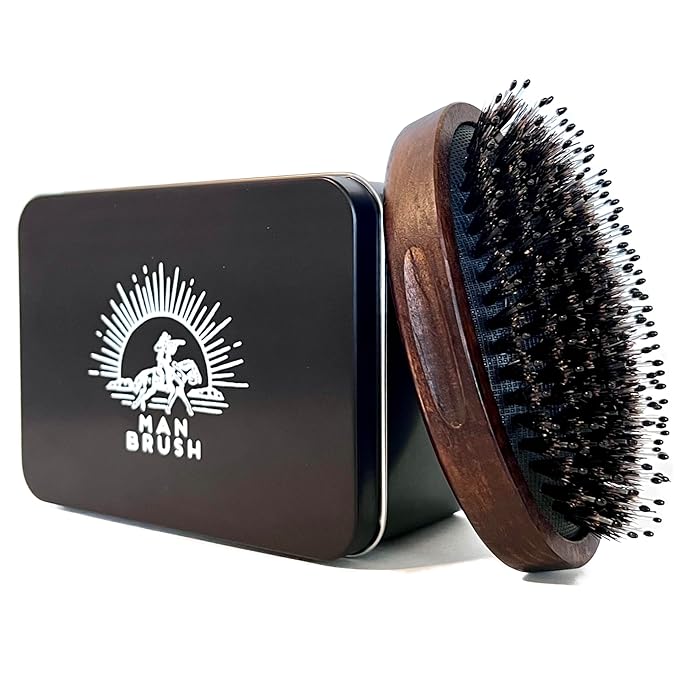 MANBRUSH Beard Brush for Men – Boar Bristle & Nylon Military-Style Palm Brush – Dual Soft & Stiff Bristles for Hair & Beard Grooming – Travel Size – Gift Tin Included