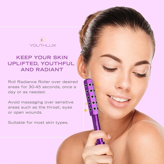 YOUTHLUX Radiance Roller – Germanium Stone Facial Massage Tool/Wand Face Roller for Lifting, Sculpting, De-Puffing, Glow Boost, Energizing & Cooling Effect (Purple)