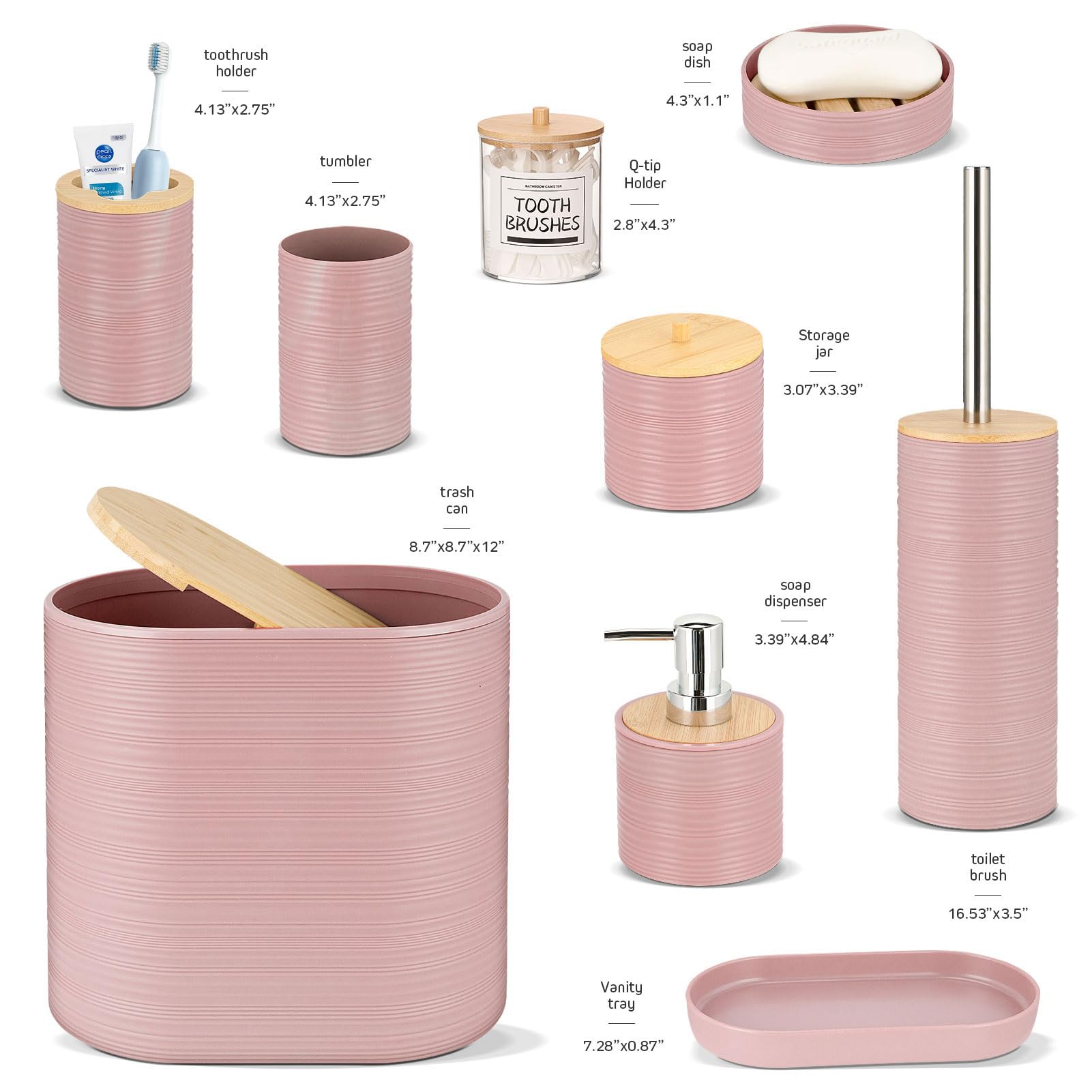 IMAVO Bathroom Accessory Set-11Pcs Pink Bathroom Accessories Set with Trash Can,Soap Dispenser,Soap Dish,Toothbrush Holder,Toothbrush Cup,Toilet Brush Holder,Qtip Holder Dispenser with Labels
