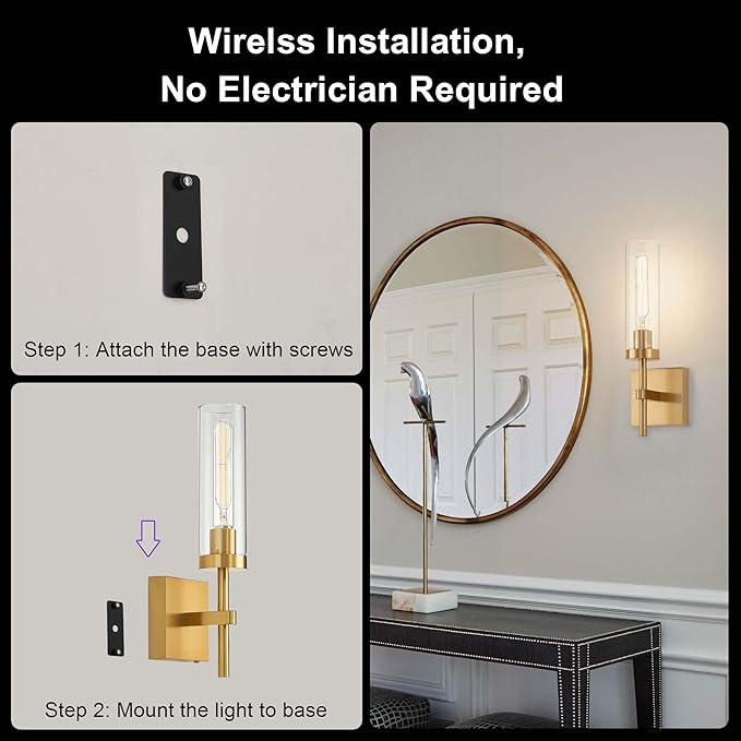 Gold Battery Operated Wall Sconce Set of 2, Wireless Wall Sconces with Remote Control, Rechargeable LED Dimmable Wall Light for Bedroom Bathroom Hallway Living room Entryway Stairwell, 3000K