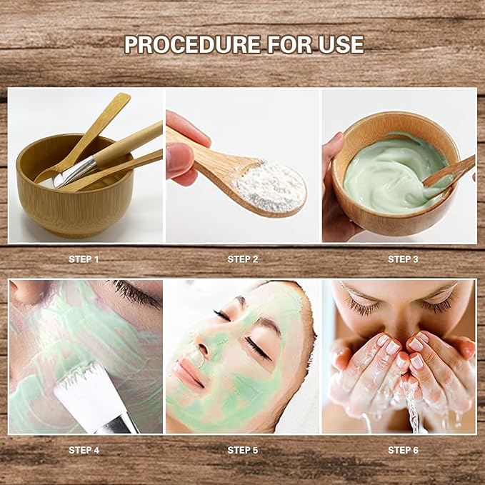 BEECO GIF2U Face Mask Mixing Bowl Set Bamboo,7 Pcs DIY Facemask Mixing Tool Kit with Facial Mask Bowl,Spatula,Spoon,Brush,Empty Refilable Lotion Pump Bottle,Cream Jar and Dropper Bottle for Skincare