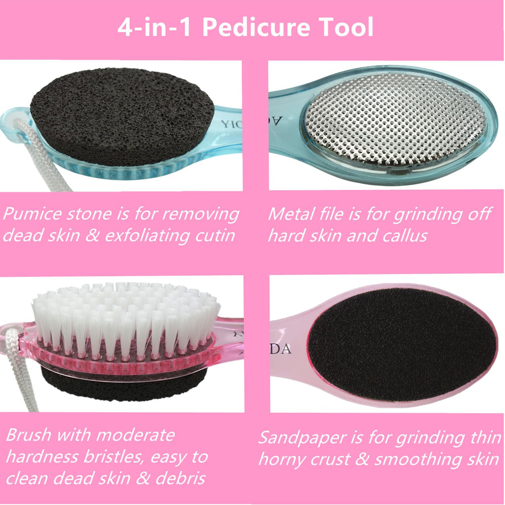 YIOYOODA Foot File Callus Remover 4-in-1, Feet Scraper Pedicure Tools with Pumice Stone, Scrubber Brush, Foot Rasp and Sand Paper, Double Sided Multi Purpose, Clear Pink and Blue