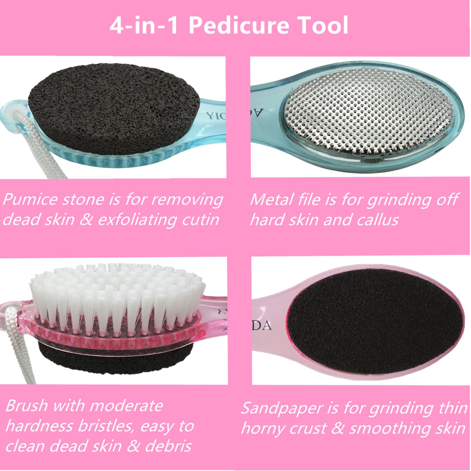 YIOYOODA Foot File Callus Remover 4-in-1, Feet Scraper Pedicure Tools with Pumice Stone, Scrubber Brush, Foot Rasp and Sand Paper, Double Sided Multi Purpose, Clear Pink and Blue