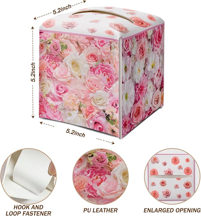 Roses Pink Floral Tissue Box Cover Square with Bottom Belt, Leather Waterproof Tissue Holder Facial Paper Case for Tabletop Home Office Bathroom Car Decor -04