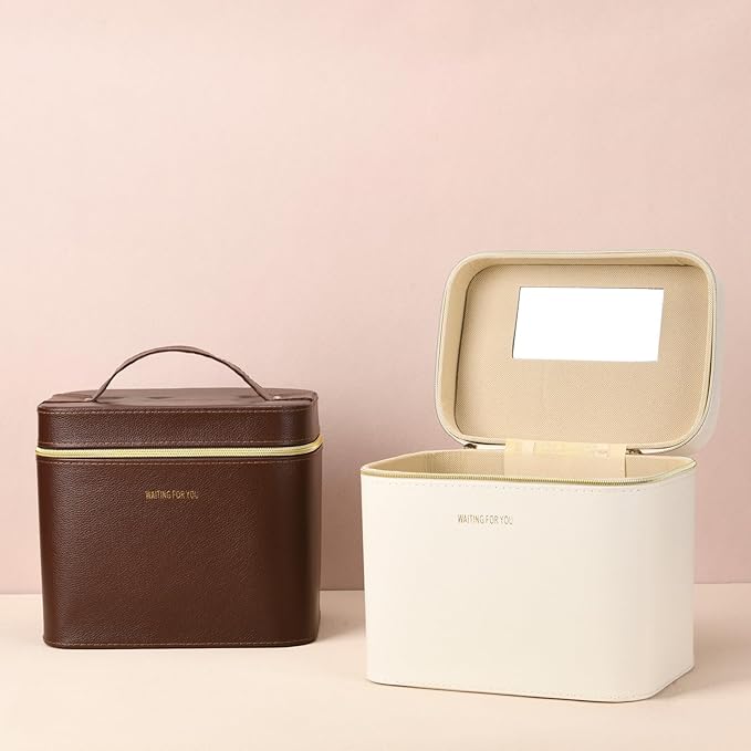 Sluxa Luxury Hard brown makeup box, Portable leather hard cosmetic case with mirror, Sturdy train case make up box for women adults. (Monolayer - Brown)