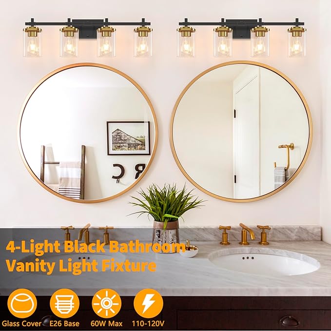 4-Lights Black and Gold Bathroom Vanity Light, Modern Bathroom Wall Sconces Lighting with Clear Glass Shade, Gold Vanity Lights for Bathroom Bedroom Living Room Porch