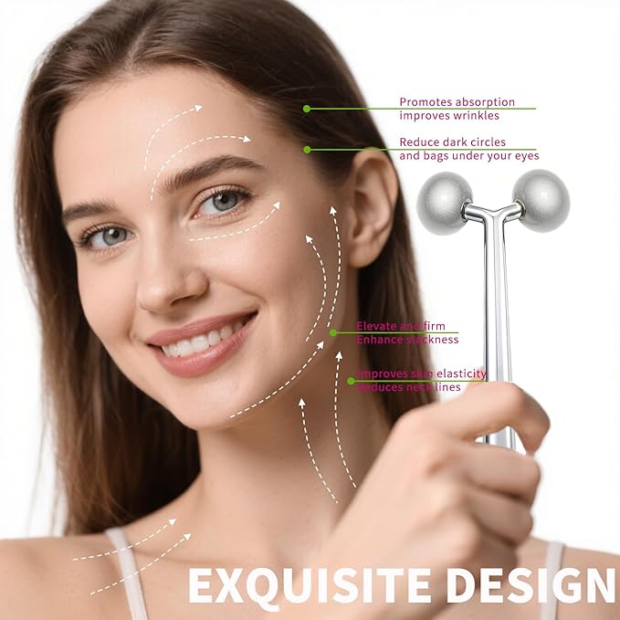 annrose 3-in-1 Stainless Steel Facial Massage Set, Face Roller, Gua Sha Tool, Eye Cream Applicator, Silver,Gifts for Women and Girl