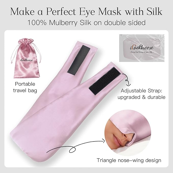 iCooBreeze 100% Natural Silk Eye Mask for Women Men, Soft Pressureless Cooling Blackout Eye Covers for Sleeping, Large Size Sleep Mask fits All Heads Adjustable, 1PC, Lotus Pink