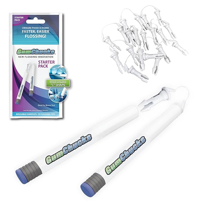 GumChucks Floss Picks for Braces & Tight Teeth – Reusable Dual Handle Flosser – No Hands in Mouth – Easy for Kids, Adults & Seniors (Starter Pack)