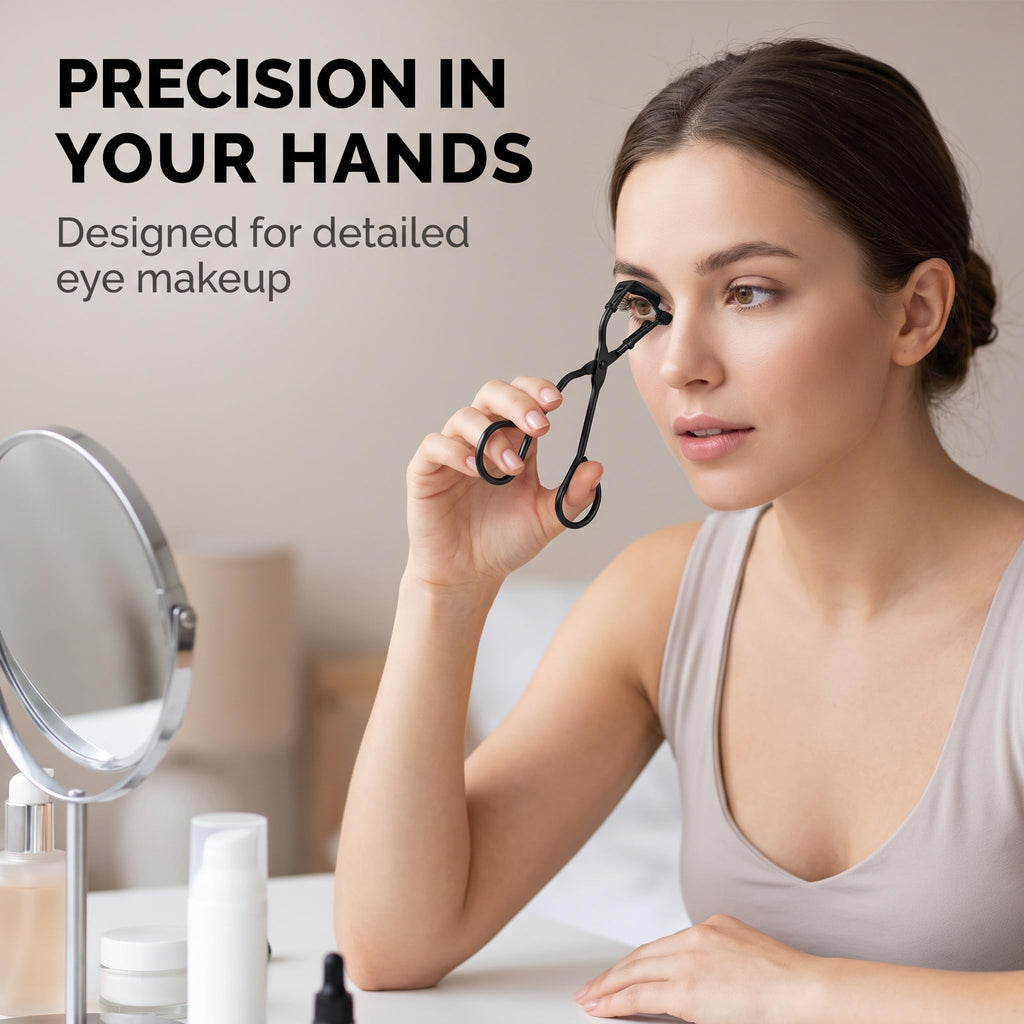 2 Pcs Eyelash Curler with Refill Pads - Mini Lash Curler for All Eyelash Shapes - Professional 2-in-1 Beauty Kit with Precision Tweezers - Stainless Steel Design for Perfect Control (Black+Silver)