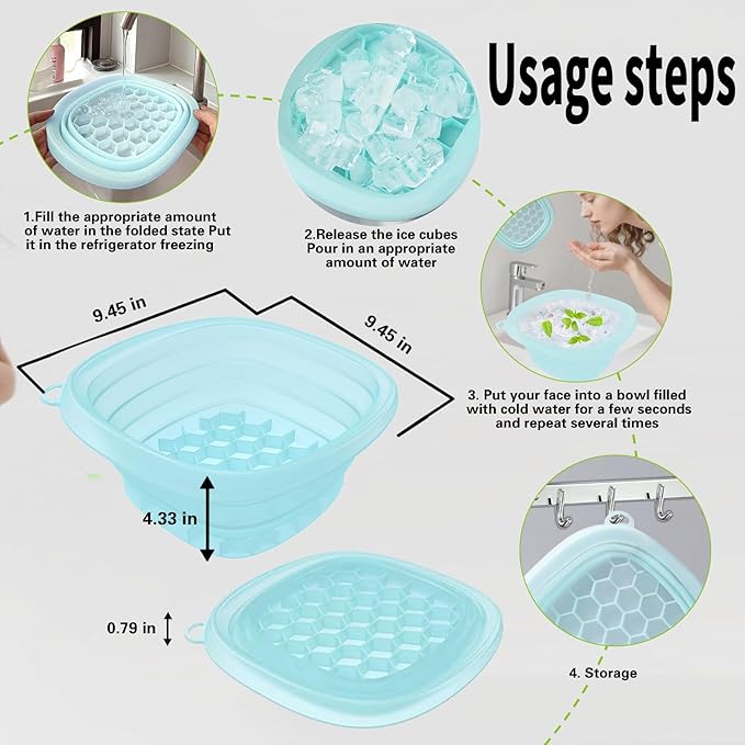 EBIGIC Face Bowl for Ice with Built-in IceTray,Collapsible Silicone Face Ice Bowl – Cold Plunge Therapy for Skin Tightening & Facial Treatment– Portable Spa Tool for Home & Travel（Blue)