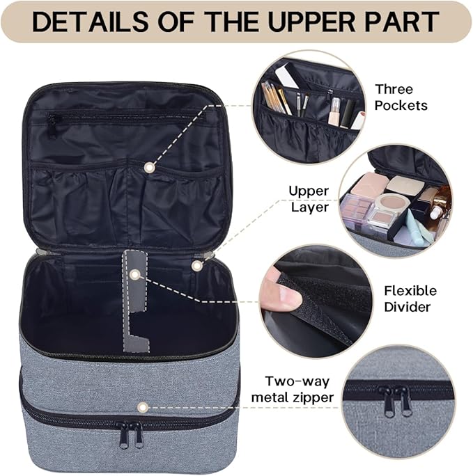 TANPADUAJI Double Layer Makeup Bag Portable Large Cosmetic Case Organizer with Adjustable Dividers Storage Travel Bag for Accessories Brushes Conditioner and Skin Care Products (Grey)