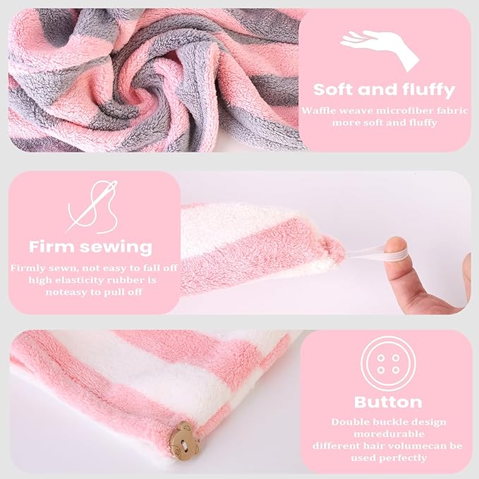 3 Pack Microfiber Hair Towel Wrap for Women, Fast Drying Hair Turban with Button, Anti-Frizz Large Hair Towel for All Hair Styles, Soft & Absorbent Hair Drying Towel