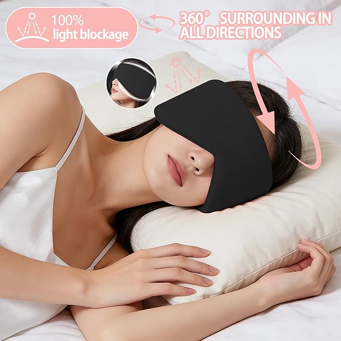 Vettres Reversible Warm & Cool Sleep Mask Wrap-Around Blackout Eye Masks for Side Sleepers Adjustable Unisex Eye Cover for Travel Office & Rest Black