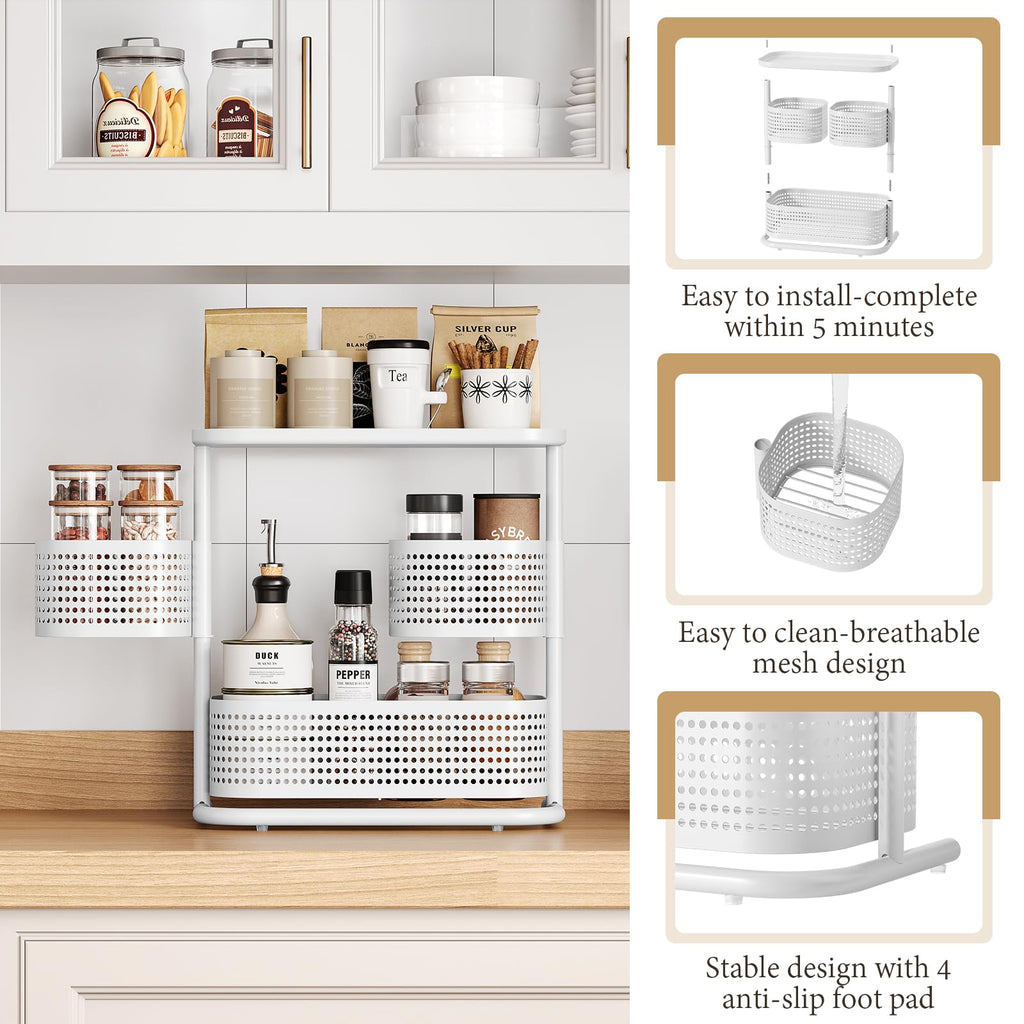 KINGRACK Metal Bathroom Counter Organizer，Rotating Countertop Storage Shelf | 3 Tier, Vanity Tray for Makeup & Skincare, Space-Saving Shelf for Bathroom, Kitchen, Baby Bottle Station, White
