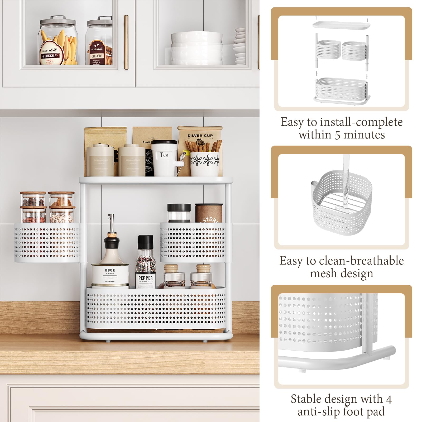 KINGRACK Metal Bathroom Counter Organizer，Rotating Countertop Storage Shelf | 3 Tier, Vanity Tray for Makeup & Skincare, Space-Saving Shelf for Bathroom, Kitchen, Baby Bottle Station, White