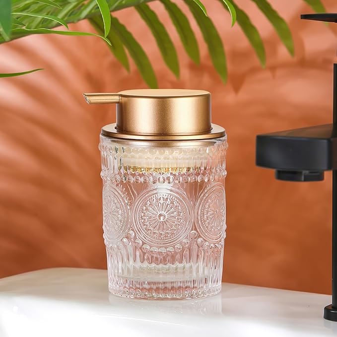 MKLZ 8 Oz Glass Foam Soap Dispenser, Hand Liquid Bottle with Gold Pump