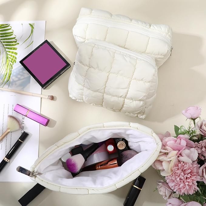 Huhumy 3 Pcs Puffy Makeup Bag Quilted Cosmetic Pouch for Women Cute Checkered Travel Toiletry Bag Puffer Makeup Organizer Purse Pouch Preppy Pencil Case with Zipper