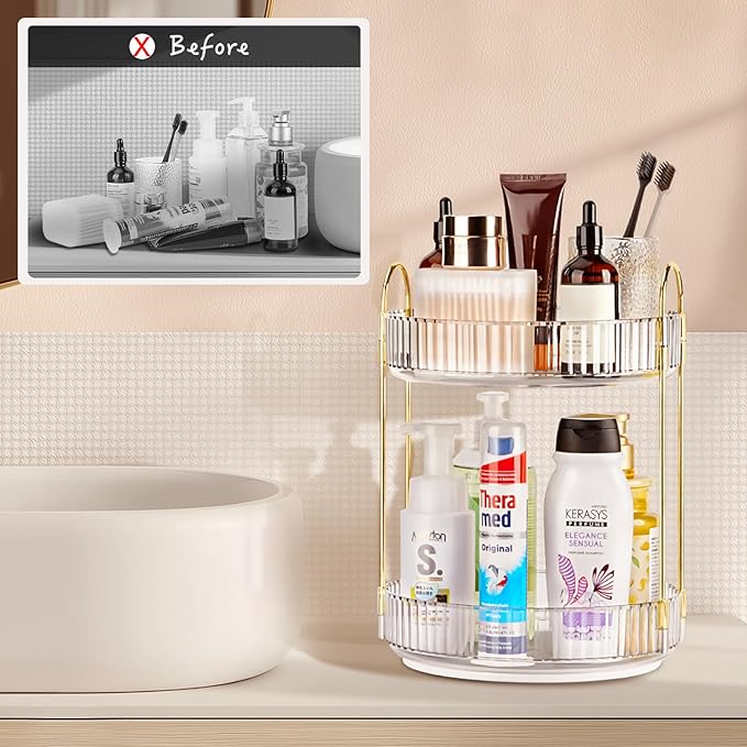 Niluks 360 Rotating Makeup Organizer - Large Capacity Spinning Perfume & Cosmetic Skincare Holder for Countertop (Pearl White, 2 Tier)