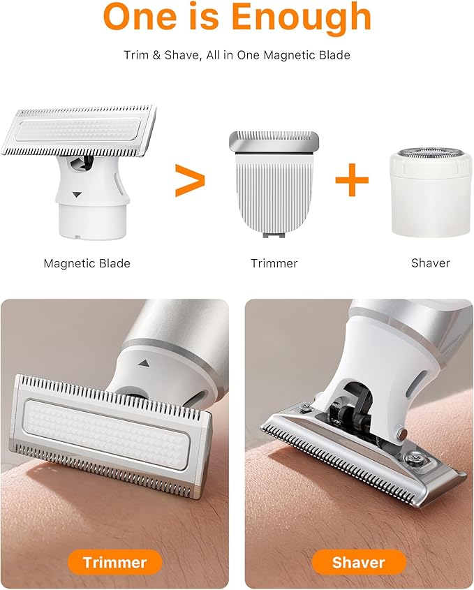 Trimcoo New 2 in 1 Body & Nose Hair Trimmer - Electric Beard Razor for Men, All-in-One Groomer with Magnetic Nose Hair Head, Waterproof Wet/Dry Use, Groin/Ball Shaver, USB-C Fast Charging,White(Solo)