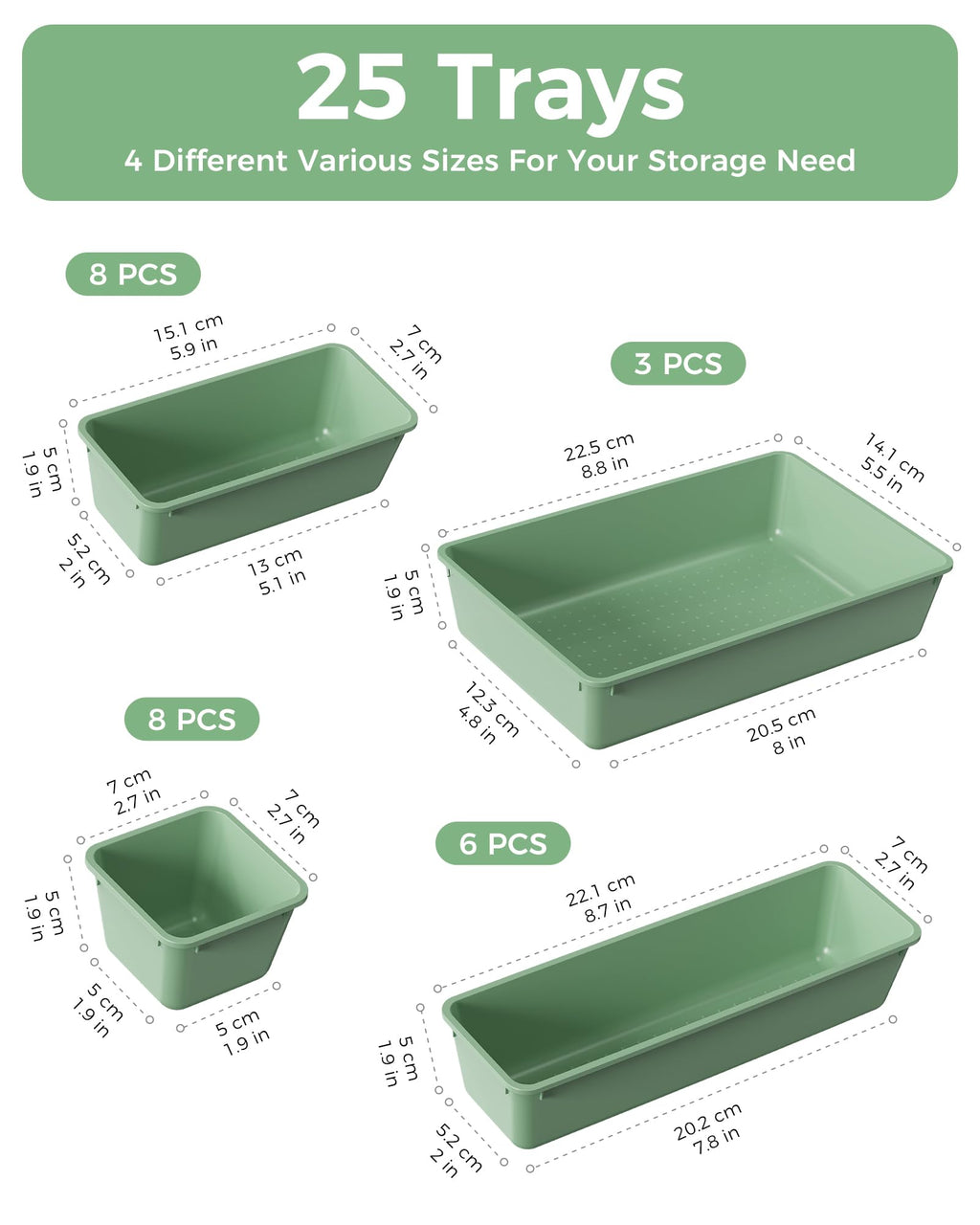 BiuLeon 25 PCS Plastic Drawer Organizers Set, 4-Sizes Vanity and Makeup Organizer, Desk and bathroom Drawer Organizer Trays, Organizers and Storage for Makeup, Jewelry, Gadgets, Utensils (Green)