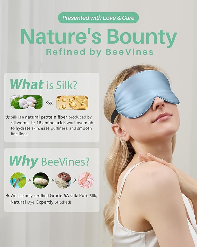 BeeVines 100% Real Mulberry Silk 2 Pack Sleep Mask, Pure Silk Eye Masks with Adjustable Strap for Sleeping, Block Light Eye Shade Cover, Reduces Puffy Eyes Traveling Gifts(Black & Pastel Blue)