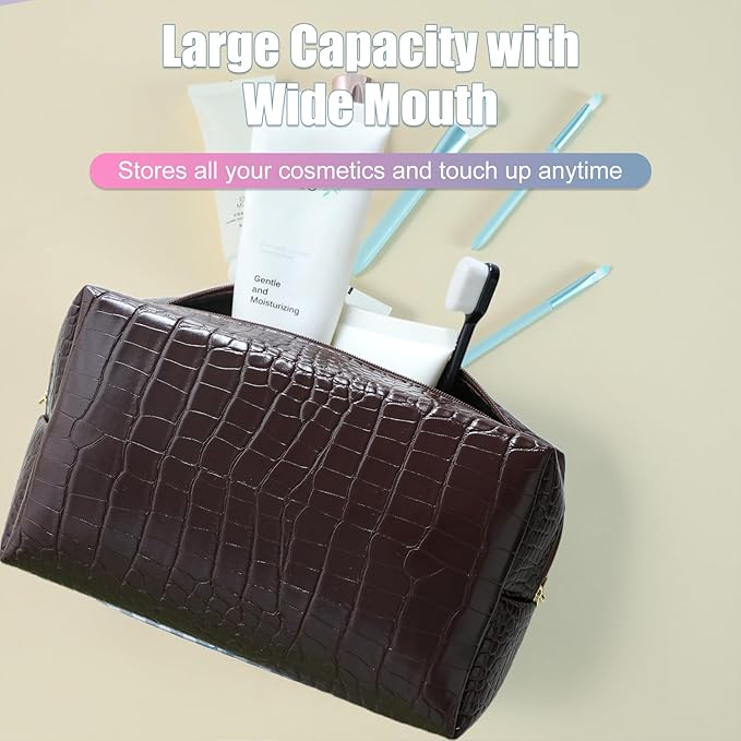 YUDEYG Makeup Bag for Purse, Compact Toiletry Pouch, Crocodile-Embossed Cosmetic Travel Bag, Small Makeup Pouch, Unisex Toiletry Travel Bag