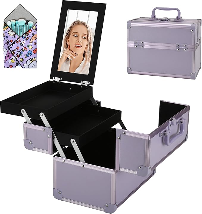 GALHUBIS Makeup Train Case, Portable Makeup Case with Mirror, 2-Trays Cosmetic Organizer Case,Nail Polish Organizer, Travel Makeup Box, Profesional for Salon Barber, Purple