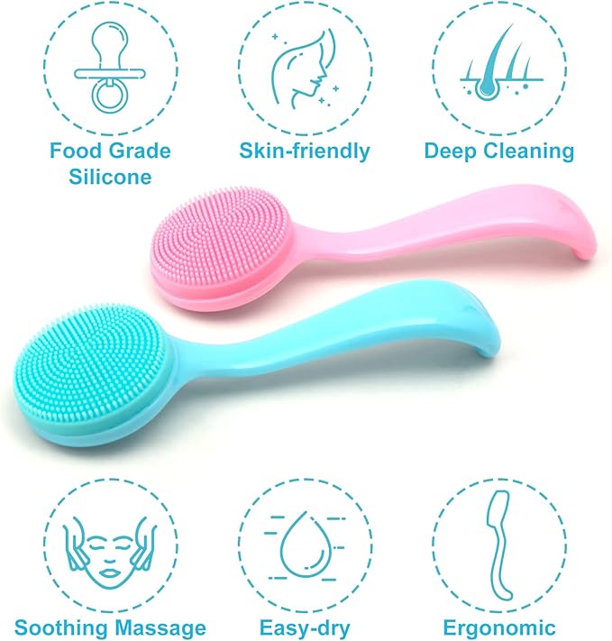HINZIC 2 Pack Silicone Manual Facial Cleansing Brush, Skin Friendly Waterproof Face Cleaning Scrubber Exfoliator Cleanser for Blackheads Whiteheads Makeup Residues Removal- Blue & Pink