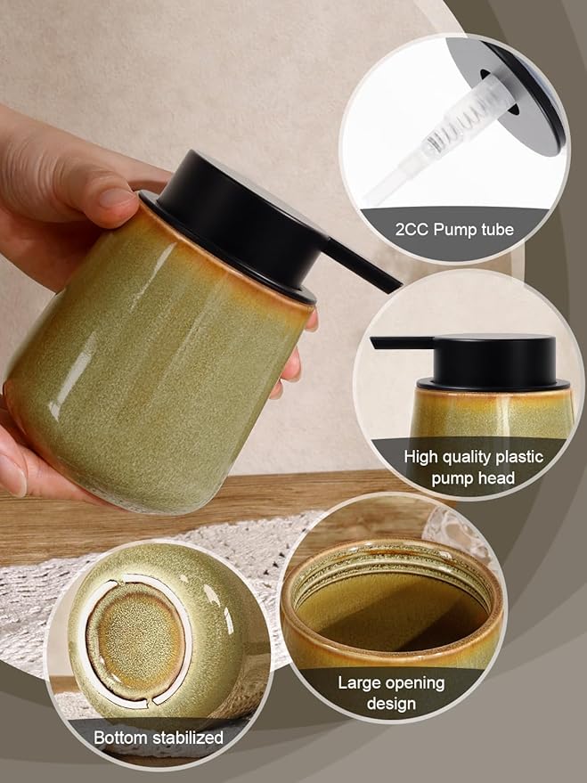 INGOFIN Ceramic Lotion Dispenser - 12 oz Refillable Hand Soap Dispenser Bathroom, Modern Liquid Soap Dispenser with Pump, Dish Dispenser for Kitchen,Kiln-Glazed Earthy Yellow-Brown