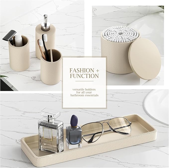 InnJoey 6-Piece Beige Bathroom Set - Mesh Textured Resin Bathroom Accessories Set with Soap Dispenser, Toothbrush Holder, Cup, Vanity Tray & Apothecary Jars for Small Spaces