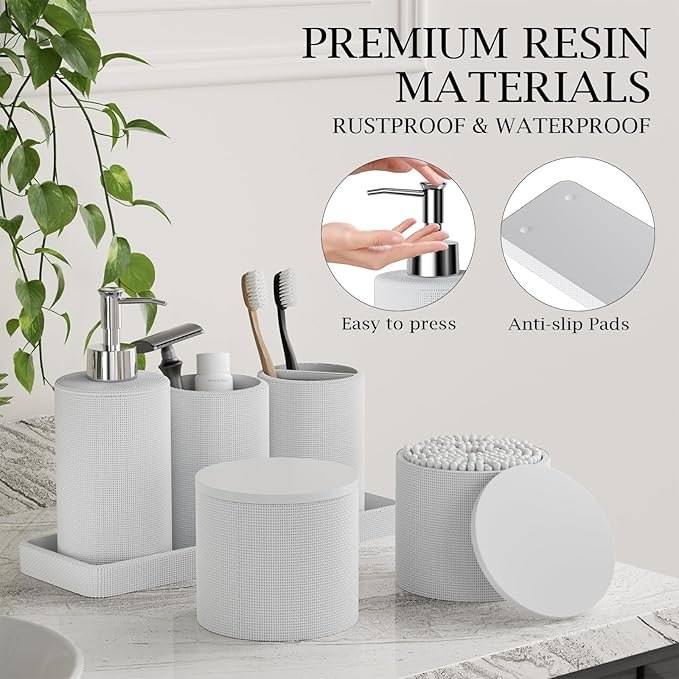 InnJoey 6-Piece White Bathroom Set - Mesh Textured Resin Bathroom Accessories Set with Soap Dispenser, Toothbrush Holder, Cup, Vanity Tray & Apothecary Jars for Small Spaces