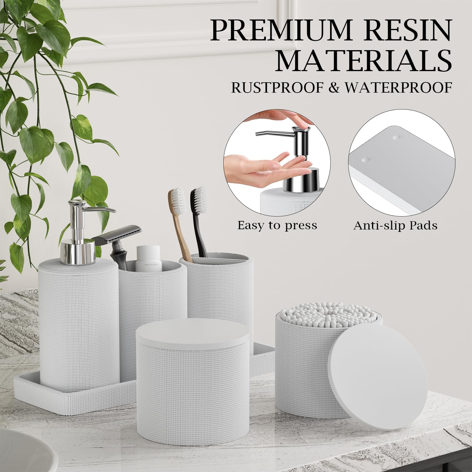 InnJoey 6-Piece White Bathroom Set - Mesh Textured Resin Bathroom Accessories Set with Soap Dispenser, Toothbrush Holder, Cup, Vanity Tray & Apothecary Jars for Small Spaces