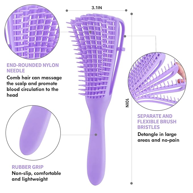 4pcs Curly Detangling Brush Set for Adult & Kids Wet or Dry, 3/4ABC Hair with Wide Tooth Comb (4, Purple)