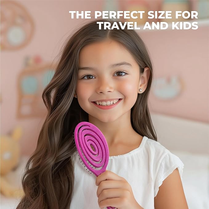 Ninabella Mini Spiral Hairbrush - Detangle Hair Brush - For Brushing Wet or Blow Dry Hair - Detangler Vent Brush - Hairbrushes for Travel - Neon Pink